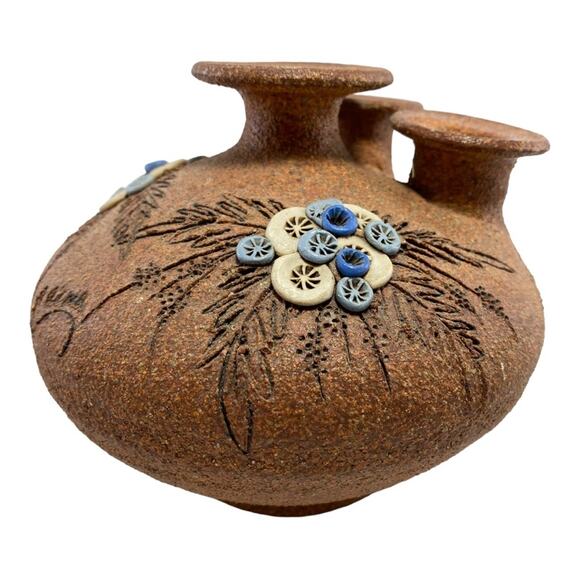 Carma Vintage Vintage 1980s Sand Art Pottery 6" Earthy Boho Floral Bottle Vase - Picture 4 of 8